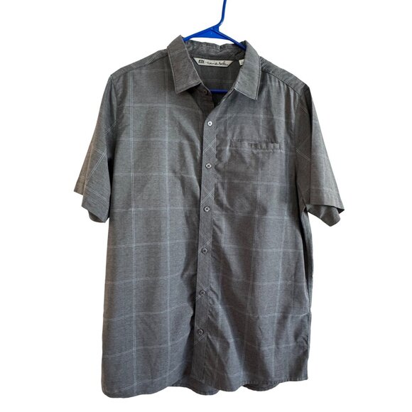Travis Mathew Button-Up Mens Large Cotton Polyester Gray Checkered Short Sleeve - Picture 1 of 5